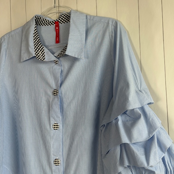 IC Connie K size XL button front blouse blue pinstripe ballon ruffle sleeve boho - Picture 4 of 11